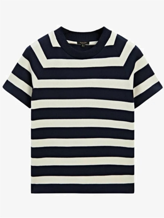 Massimo Dutti Sweaters - Massimo Dutti Navy Ecru Wide Stripe Cotton Knit Short Sleeve Top Size S